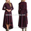 Plus Size Loose Fitted Dress Fashion Trendy Muslim Bulk Buy Soft Cotton Fabric Red Plaid Long-Sleeve High-Low Long Dress
